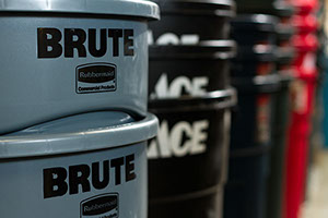 Rubber Maid Brute trash barrels, brooms, mops, trash bag